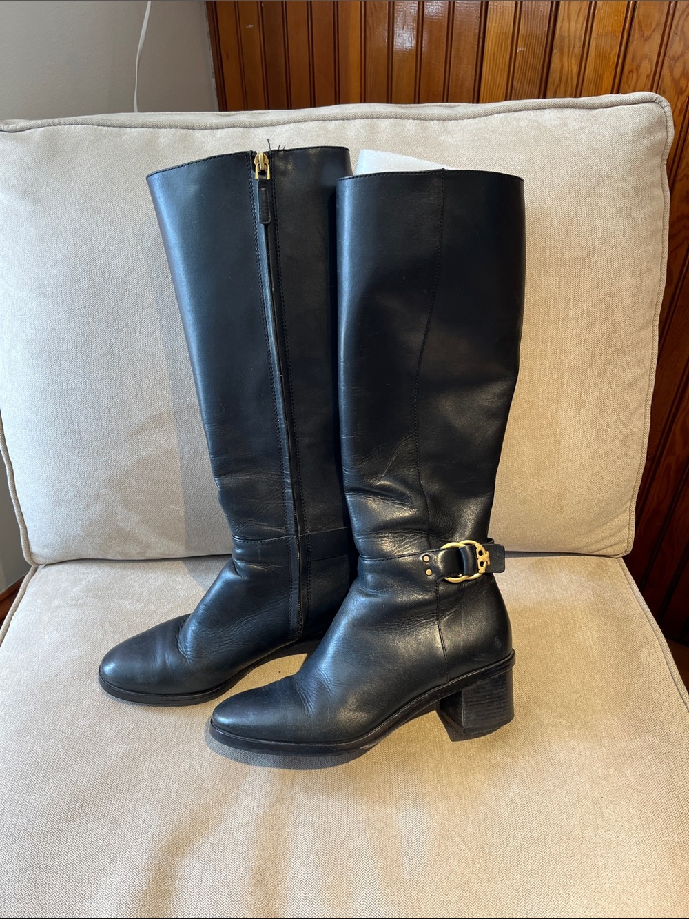 Tory Burch Black Leather Knee Boots with Gold Buckle Detail